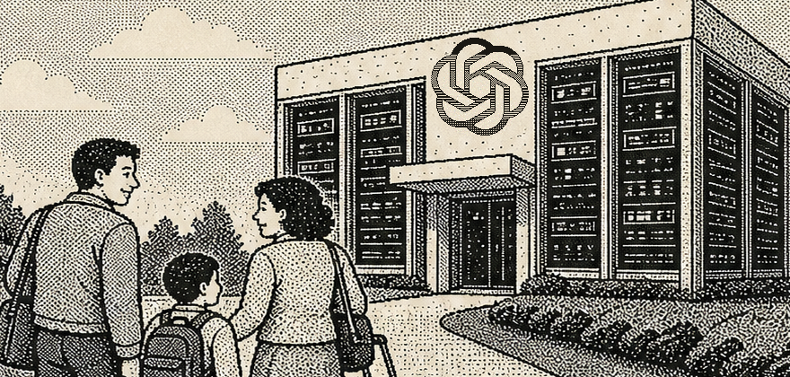 A family carrying suitcases toward an Open Living data center. The building walls are server racks; a striped OpenAI mark sits above the doors.